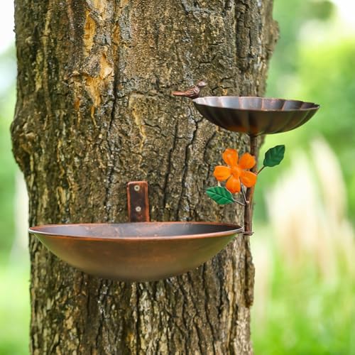 Tree Mounted Bird Bath, Wall Mount Bird Baths for Outdoors, Metal Birdbath and Feeder Combo, Antique Birdbaths Installed on Wooden Fences Trees Deck Outdoor Walls - color: Bronze2