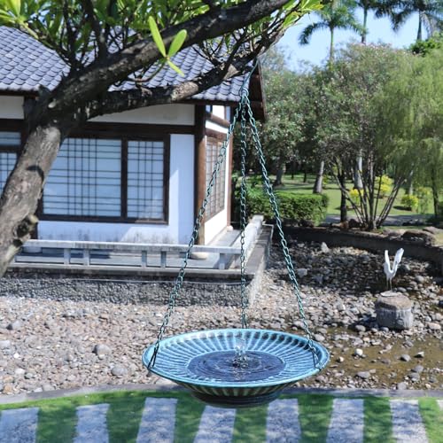 12" Hanging Solar Bird Bath, Metal Solar Bird Bath Fountain (Blue) | Hanging Bird Bath with Solar Fountain, Bird Bath Bubbler or Outdoors Garden, Patio & Yard. - color: B-blue and Black