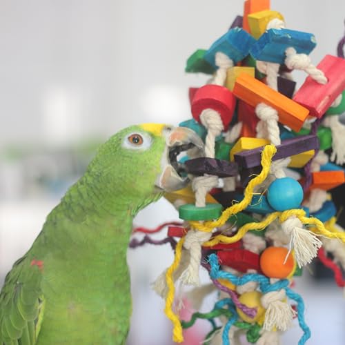 Colorful Parrot Chew Toy for Aggressive Chewers (Large) | Durable Bird Toy with Wood Blocks & Cotton Rope, 37cm Hanging Foraging Toy for Small to Large Parrots