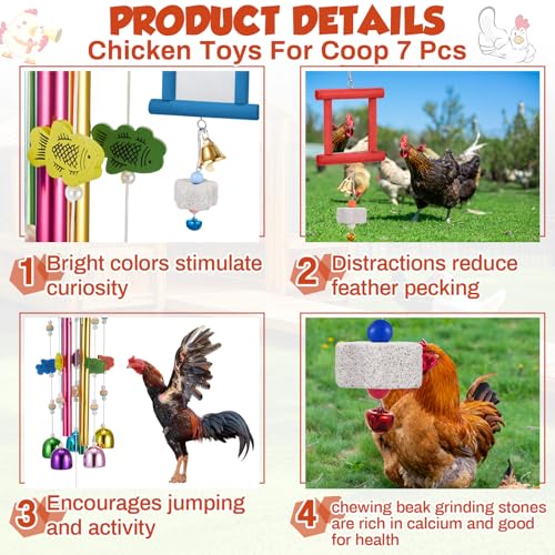 VioraWhite 7 Pcs Chicken Toys, Hanging Chicken Wind Chime, 2 Pcs Coop Mirror Toys with Bells 4 Pack Beak Grinding Stones, Musical Coop Accessories for Hen Rooster Chick Poultry Bird(Rose Red, Blue) - color: Rose Red, Blue