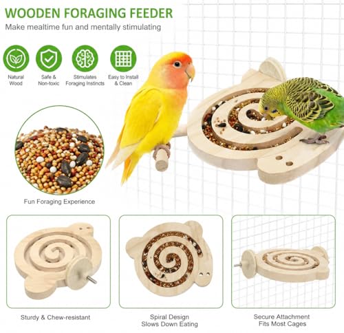 Bird Foraging Toy with Perch, Natural Kiln-Dried Wood Slow Feeder Puzzle Toy for Parakeets, Budgies Cockatiels Conures Relieve Boredom Reduce Seed Mess Prevent Overgrown Beaks for Small & Medium Birds