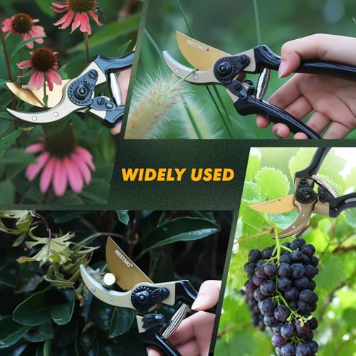 RESTMO Pruning Shears, 8.6 Inch, Titanium Blade, Bypass, Black | Professional garden shears. Premium SKS5 steel blade. Forged aluminum handles. Long-lasting sharpness. For gardening. - size: Garden Pruning Shears（Black）