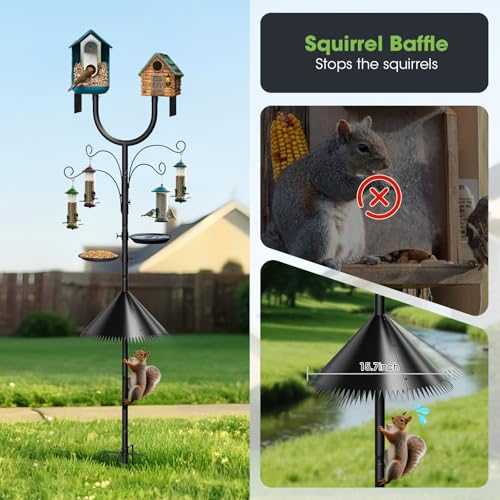 Bird Feeder Pole Squirrel Proof,Adjustable 47"-108" Heavy Duty Bird House Pole,Upgraded U-Shape Platform,4 Shepherd Hooks for Feeder Stand,Includes Birdbath,Tray for Outdoor Garden & Yard - style: With Squirrel Proof & Tray