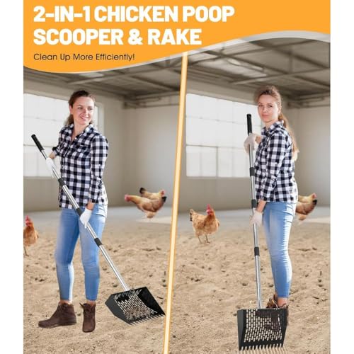 2-in-1 Chicken Poop Scooper for Coop Cleaning – Chicken Coop Scoop & Rake for Sand, Includes Gloves and Waste Bag – Ideal for Chicken Coops & Small Farm Animals (Black) - color: Black