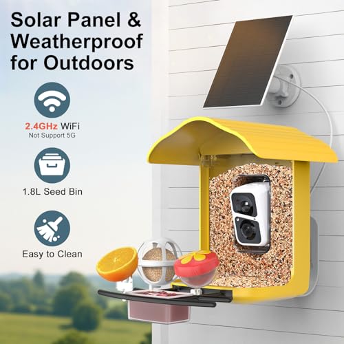 birdsnap® PAV Bird Feeder with Camera Solar Powered 2K Live Video 64GB Card | AI Bird Species Identification, Instant Arrival Alerts, IP65 Waterproof, Wild Bird Feeders for Outdoors, Gift for Bird Lovers - color: Dark Yellow