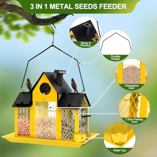 Solar Bird Feeders for Outdoors Hanging, Bird Houses for Outside | Yellow,Wild Metal Bird Feeder,7LBS Large Capacity with Water Cup,Squirrel Proof Cardinal Bird feeder,Gift for Bird Lovers - color: Yellow