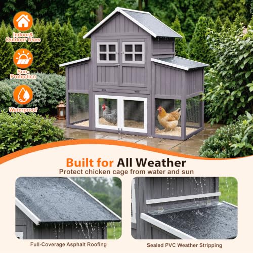 Large Chicken Coop for 6-10 Chickens, Outdoor Predator Proof Wooden Hen House Design with 2 Nesting Boxes and Weatherproof Roof, Easy to Clean Poultry Cage for Outsides - color: Grey(69.5"L x 31.5"W x 59.1"H)