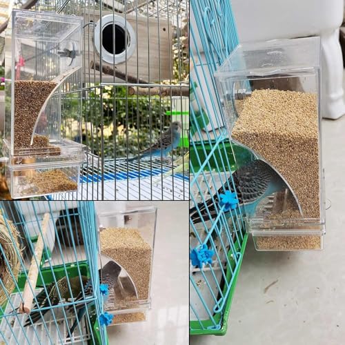 kathson No-Mess Bird Cage Feeder Automatic Parrot Feeders Seeds Container Acrylic Finch Foraging Feeders Parakeet Food Dispenser Cage Accessories for Small Birds Canary Budgie Lovebirds - color: Blue+Clear
