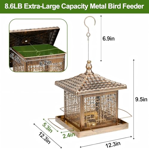 Metal Bird Feeder for Outdoors, 8.6LB Large Capacity Wild Bird Feeders Hanging for Outside, Rustproof Weatherproof with 4 Perches, Attract Cardinals Bluebirds Finches Chickadees Garden Decor