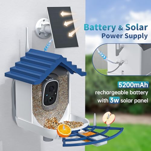 Smart Bird Feeder with Camera Solar Powered & AI Bi rd Identification, 2.4Ghz WiFi Bird feeders for Outdoors, 2K Live Video, Instant Arrival Alerts - Gifts for Women - color: Indigo Blue