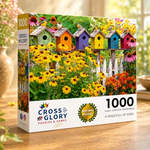 Cross & Glory | 1000 Piece Jigsaw Puzzles for Adults | A Fence Full of Song | Colorful Birdhouses, Garden Flowers & Butterflies | Bright Nature Puzzle | 2mm Thick Pieces | Satin Finish | Ages 14+ - color: A Fence Full of Song