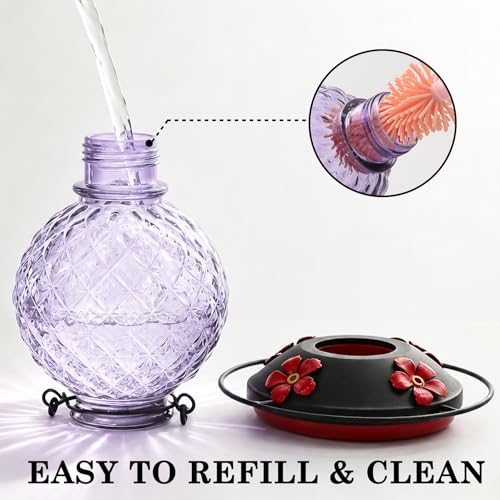 25 OZ Glass Hummingbird Feeder for Outdoors, Leak Proof Hummingbird Feeder with Ant Moat, 4 Bee Resistant Feeding Ports, Easy Clean Wide Mouth Design, Hanging Nectar Feeder, Purple - color: Purple - 25oz