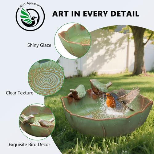 Ceramic Bird Bath for Outdoors, 10.1" Ground Ceramic Bird Baths Bowl for Outside, Garden Bird Baths Weather Resistant, Birdbath for Deck, Balcony, Lawn - color: Green