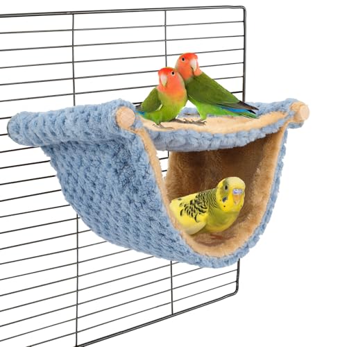 BWOGUE Bird Nest Bed Hanging Hammock, Parakeet Bed for Cage, Cockatiel Bed | Warm Fleece Snuggle Hut, Double-Layer Comfort, Wooden Perch Setup, Washable Hammock - color: Blue, size: Medium (9"x7.2")