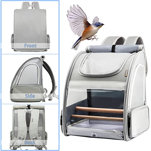 Texsens Bird Carrier Backpack - Pet Travel Cage with Upgraded Tray and Standing Perches, Breathable & Portable, for Small Birds, Green Cheek, Cockatiel, Parrot (Grey)