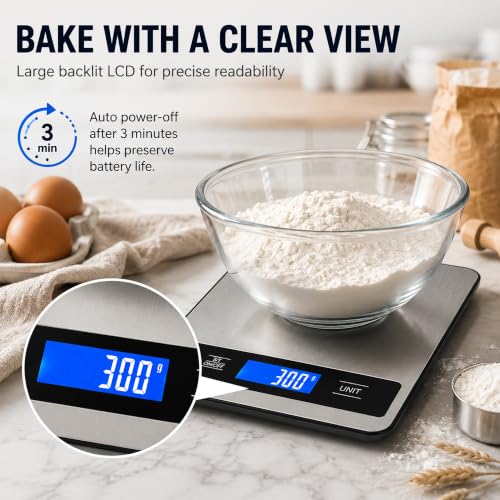 33lb/15kg Digital Food Kitchen Scale, Measuring Recipes Coffee Meat Baking | 1 Gram High Precision Stainless Steel Weight Scale with Timer, Tare & Unit Conversion (g/oz/ml/lb) for Cooking Bread Making