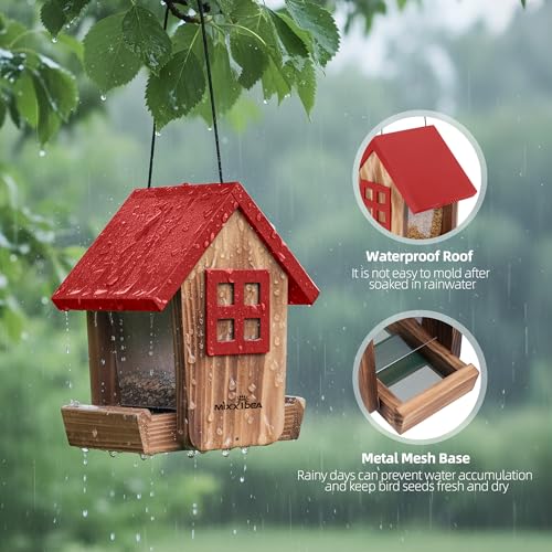 Wooden Hanging Hopper Bird Feeder for Outdoors with Weatherproof Roof Red | Bird House Feeder Attracts Various Wild Birds Cardinals, Bluebirds for Backyard, Yard and Patio Hanging Feeding - color: Red