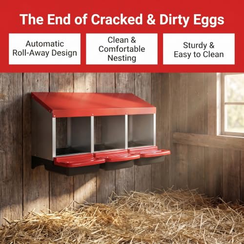 Chicken Nesting Box, Roll Out Metal Chicken Nest Box with Egg Tray, 3 Compartment Hen Nesting Box for Laying Hens, Easy Egg Collection, Red - color: Red-6, size: 3 Holes