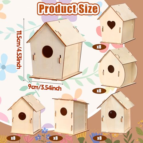 48 Pack Wooden Bird Houses to Paint DIY Crafts Unfinished Birdhouse Bulk Build Art Painting Bird House Sets Hanging Ornaments for Tree Crafts Project Creative Activity Party Gifts