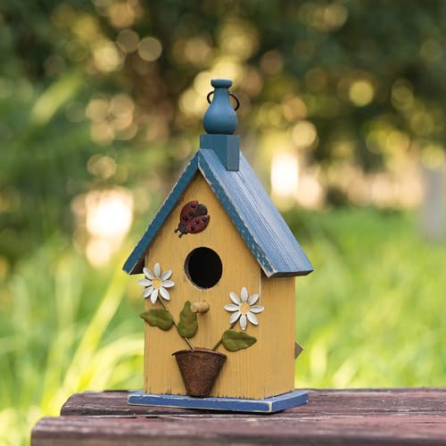 Glitzhome Birdhouses for Outdoors, Hanging Bird Houses for Outside, 12.25" H Washed Yellow Distressed Solid Wood Decorative Pet Cottage Outdoor Garden Birdhouse with Ladybug and Flowers - color: 12.25"H Washed Yellow