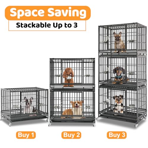 Homey Pet 37 Inch Heavy Duty Dog Crate for Medium Dogs | Stackable Dog Cage Kennel with Four Lockable Wheels, Removable Tray & Grid, Open Top, Escape Proof Dog Kennel Indoor - size: 37.0"L x 22.5"W x 29.2"H
