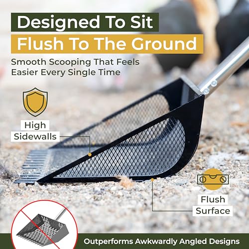 2-in-1 Chicken Coop Poop Scooper and Rake - Metal Sand Sifting Litter Scoop Shovel with Angled Basket and Micro-Sized Diamond Mesh to Catch the Smallest Farm Animal Droppings - Adjustable 12" to 53"