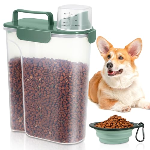 5 Lbs Pet Dog Food Storage Container for Bird Seed Rice Flour - Dark Green | Cat Food Containers with Collapsible Bowl for Travel Airtight 10 Lbs Rice Cereal Oatmeal Holder with Pour Spout Measuring Cup - color: Dark Green-5L