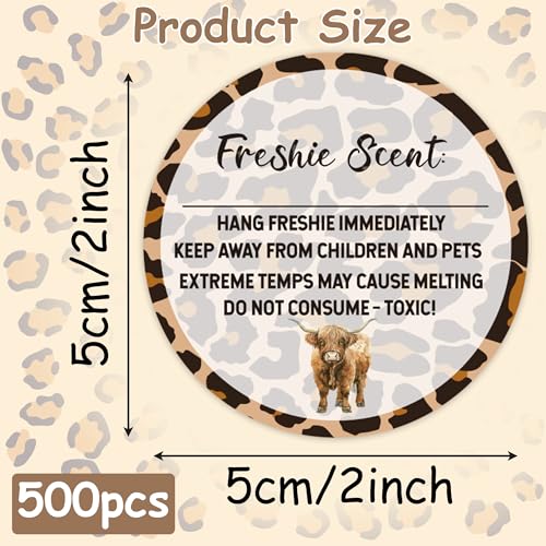 Freshiess Scent Care Instruction Stickers - 500 Count Car Freshie Warning Round Labels, Adhesive Roll Stickers with Line to Write Thermal Printed for Small Business (2 x 2 Inch, Leopard Cow) - color: Freshiess Leopard Cow