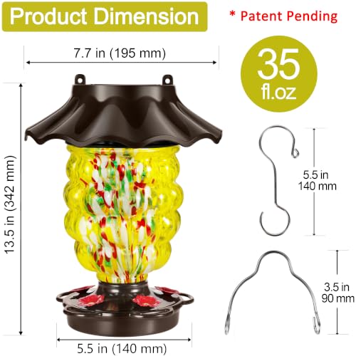 LUJII Solar Hummingbird Feeder for Outdoor Hanging, RGB Illuminated Hand-Blown Glass Lantern, 35 fl.oz, Leak-Free & Rust-Resistant, Metal Cap with 5 Feeding Ports, Pineapple Design, Yellow - color: Yellow