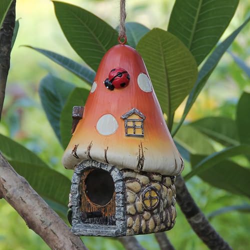 Bird Houses for Outside, Hanging Birdhouse for Outdoor Garden, Patio, Yard | Hand-Painted Resin Mushroom BirdHouses for Outdoor,BirdHouse with Pole for Bluebirds,Finches,Cardinals for Nesting in Gardens