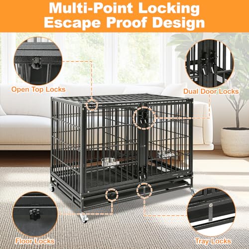 Homey Pet Taller 43" Heavy Duty Double Dog Crates with Divider & Dual Door | Drop Cage for Dogs with Lockable Wheels, Bowls, Removable Tray, Top Access, Ideal for Small to Medium & Large Dogs, Breeders - size: 42.5"L - Tall