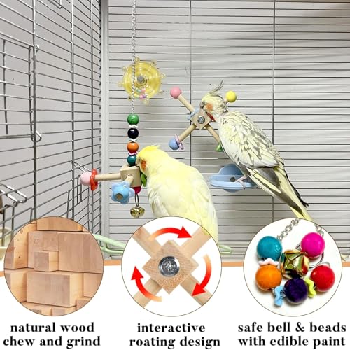 2pcs Bird Spinner Toys for Parrots with Bells for Cage, Natural Wood | Parakeet Toys, Bird Cage Accessories Chewing Hanging for Small and Medium Birds, Cockatiel, Conure, Lovebird, Budgie, Quaker