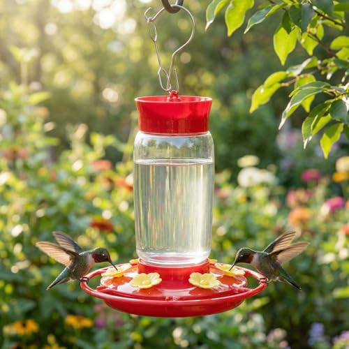Plastic Hummingbird Feeder 2 Pack 20oz Ant-Moat Bee-Proof Outdoor | Wide Mouth Easy Clean, 6 Bee-Proof Feeding Ports, Leak Proof, Stainless Steel Hook, for Backyard Garden Patio