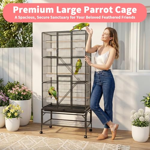 Wrought Iron Flight Cage Large Rolling Parrot Cage with Divided Breeding Function for Parrot Turtledove Oriole Cuckoo Budgie Parrotlet Comes with Slide Out Tray Lockable Door 4 Wooden Perches