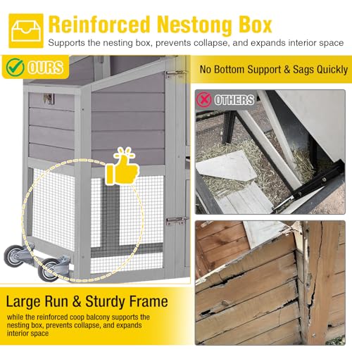 Aivituvin Mobile Chicken Coop with Wheels for 4-6 Chickens, Backyard Expandable Chicken House Duck Cage with Run, 2 Nesting Boxes, Easy Clean Pull-Out Tray, Leak-Resistant Asphalt Roof, 82.4"(Grey)