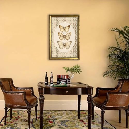 DR.RiftArt Vintage Butterfly Wall Art Antique Neutral Insect Decor Painting | Canvas Floral Background Artwork Print Picture Rustic Farmhouse Style for Living Room Bedroom Office 16x24 inch Gold Framed - color: There Butterfly, size: 24"L x 16"W