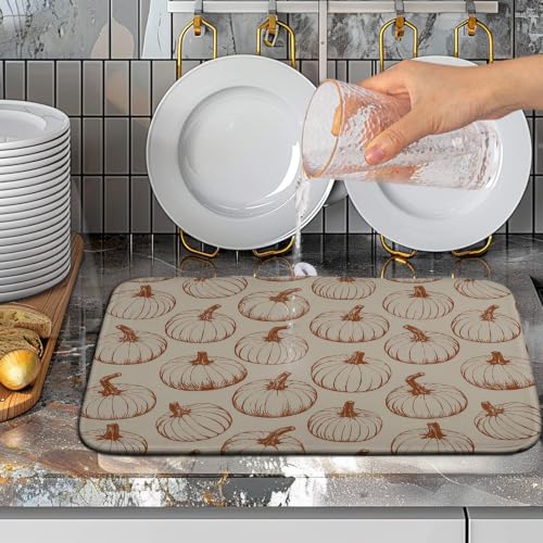 Fall Pumpkin Dish Drying Mat for Kitchen Counter Burnt Orange Autumn Thanksgiving Dish Mat Absorbent Microfiber Kitchen Countertop Protector Dishes Drying Pad Medium Drying Mats 16x18 Inch - color: Burnt Orange Pumpkin, size: 16" x 18"