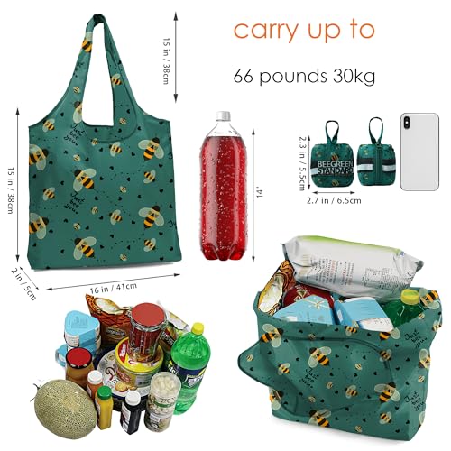 BeeGreen Reusable Grocery Shopping Bag -Travel Tote Bag - Foldable Compact Sturdy Bags - color: Green Bees, style: Standard Extra Large