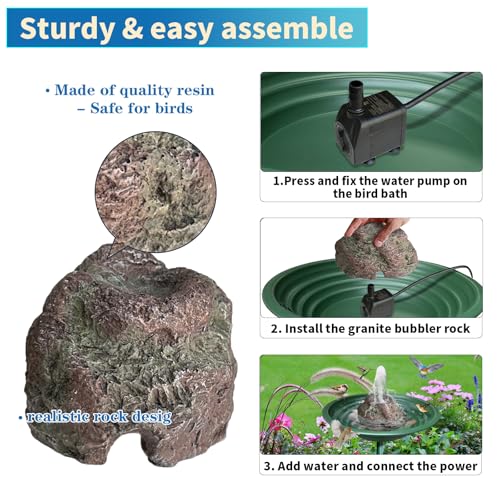 TIANCENTRAL H Electric Bird Bath Fountain Pump with Natural Rock Design, Continuous Water Bubbler (Not Solar) 7.5W Adjustable Submersible Pump with 6FT Anti-Bite Cord for Outdoor Garden & Patio Decor