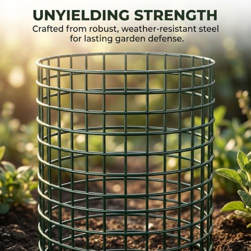3Pack 17x14 Inch Green Coated Galvanized Wire Plant Protectors, 9Pcs Mesh Cloches with Stakes & Zip Ties, Chicken Wire Cage for Rabbits Squirrels Chickens, Garden Vegetable Seedling Protection