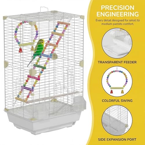 Pet Paradise Bird Cage, 14.6 x 11 x 24.8 inches, Metal Wire Construction, Multiple Perches and Feeders, for Parakeets, Canaries, Finches (White)