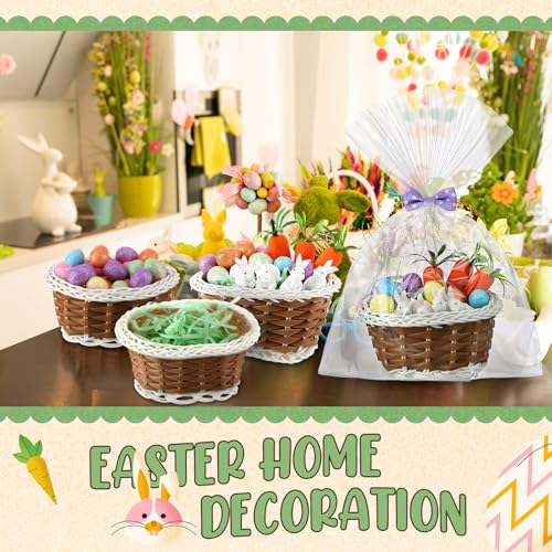 Cinnvoice 24 Sets Mini Easter Party Favor Supplies, Mini Easter Baskets with Eggs, Bunnies, Carrots, Grass & Opp Bags for Spring Egg Hunts, DIY Crafts (Brown) - color: Brown