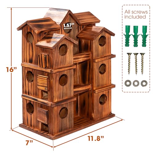 MIXUMON Wooden Bird Houses for Outside – 15 Rooms Multi-Chamber Bird House, Carbonized Pine Rustic Finish, 1.57" Entrance Holes, Individual Cleaning Doors, Decorative Outdoor Bird Nesting Box