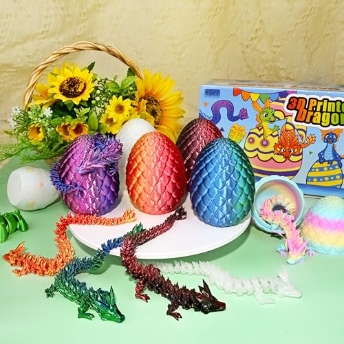 Impossmaker 8" 3D Printed Easter Dragon Eggs with 3D Printed Dragon Inside, Easter Basket Stuffers Mini Dragon Egg Set Articulated Crystal Dragon Fidget Toy for Adults Teens - style: 6P-S1