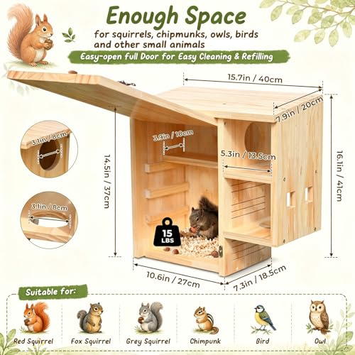 Large Squirrel House for Outside, Wooden Squirrel Nesting Box | Solid Pine Den Box, Predator Guard & Easy-Clean Front Door, Enhanced Protection, Backyard Habitat Shelter for Outdoor Winter - size: Large