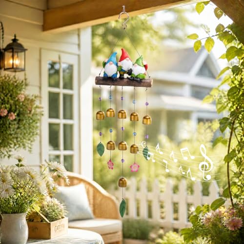 Gnome Wind Chime for Outside, Resin Wind Bells for Garden Decor | 29" Wind Chimes Outdoor with 3 Resin Gnome Statues and 8 Metal Bells, Soothing Tone Wind Bell Chimes, Housewarming Gifts - size: Gnomes