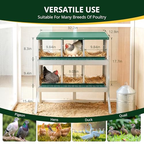 6-Compartment Roll Away Chicken Nesting Box with Legs,Lid & Perch | Pre-installed nuts, Fast assembly, galvanized steel, rounded edges, sunshade cloth + vents, wall mount or floor use