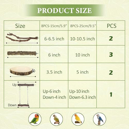 8pcs Natural Bird Perches for Cage, 5.9“ Small Wood Bird Perch for Parakeet/Cockatiel, Bird Cage Stick, Bird Branches for Cages, Birdcage Accessories for Parrot Conure