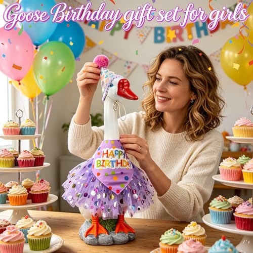 Large Porch Goose Outfits Set Decor - 20" Porch Goose Statue with Birthday Costume Gift for Mom Girl Boy ,Indoor or Outdoor Decorative Figurine for Garden Patio Lawn Entryway Accent,Housewarming Gifts - color: Purple Birthday Set
