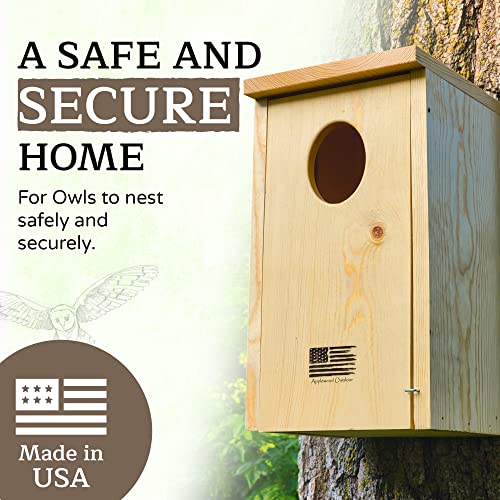 Made in USA, Wood Owl House with Oval Opening, Kestrel Bird Houses for Outside, Easy-to-Install Nesting Boxes for Screech, Boreal, Northern Saw Whet Owls, and American Kestrels - Applewood Outdoor